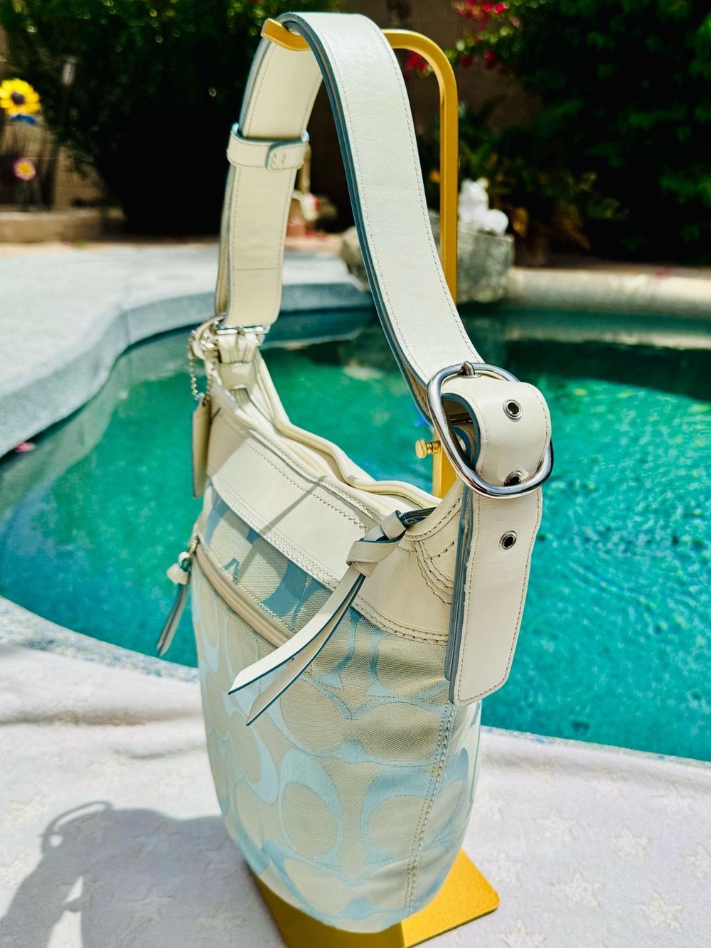 Coach 2008 Convertible Bucket Bag #F13358 blue white Sig C Canvas Leather - EUC - Picture 5 of 16
